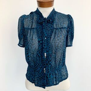Fletcher by Lyell-Blue Button Short Slv Printed Sheer Blouse Shirt Top🪡